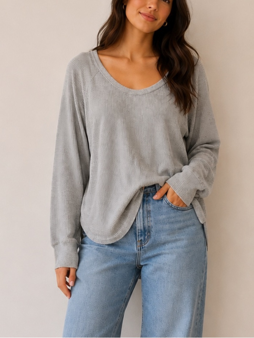 Tentree Light Gray Long Sleeve Waffle Knit Tee